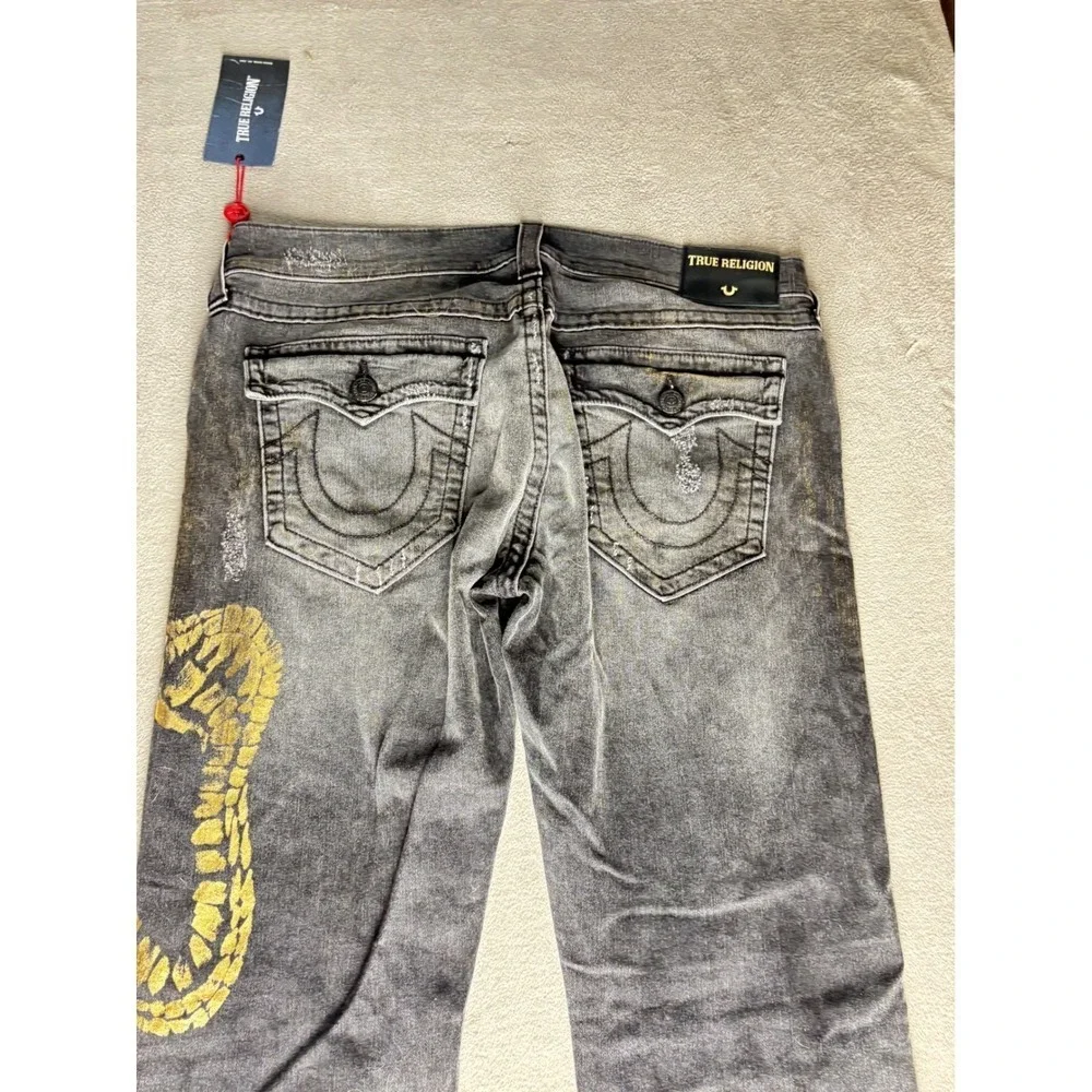 True Religion Ricky W Flap Straight Jeans Black Gold Snake Distressed Mens 38